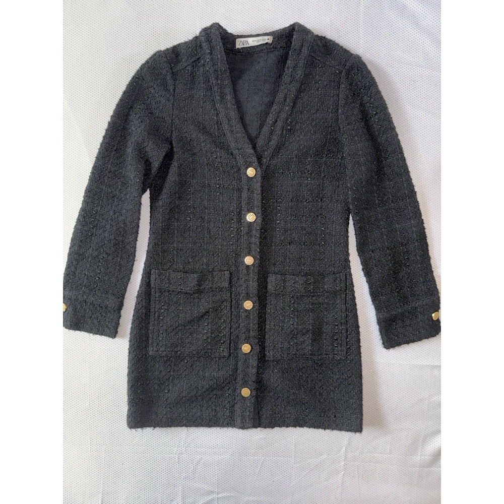 Zara Black Gold Button Front Mini Jacket‎ Dress Size XS Textured Tweed Cardigan - Picture 5 of 10